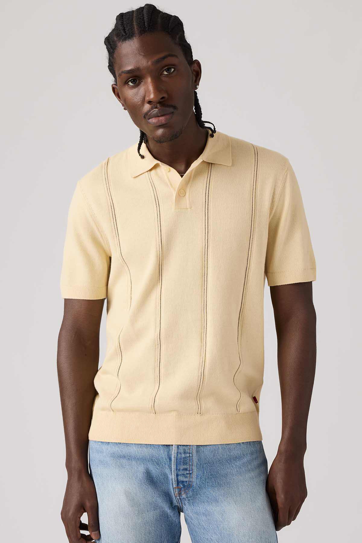 Levi's polo sweater, pale yellow, short sleeves, button placket and collar