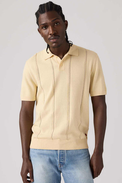 Levi's polo sweater, pale yellow, short sleeves, button placket and collar