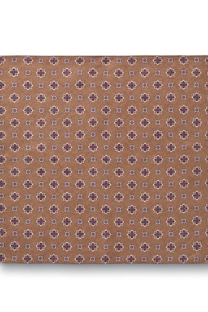 Charles Tyrwhitt fabric swatch, tan with repeating purple and blue floral pattern