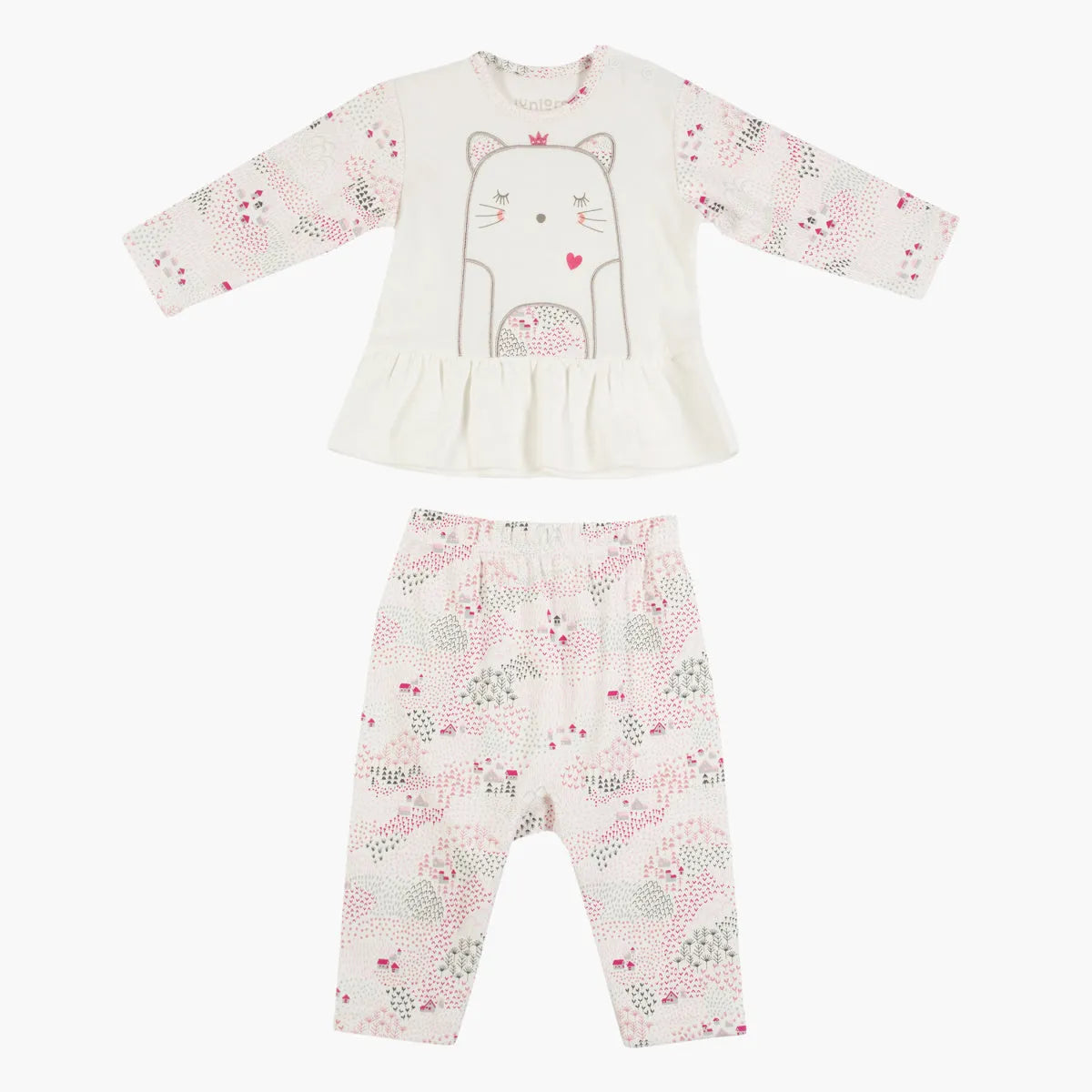 Baby top and pants set, white with pink animal print, long sleeves and ruffle hem