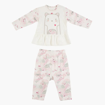 Baby top and pants set, white with pink animal print, long sleeves and ruffle hem