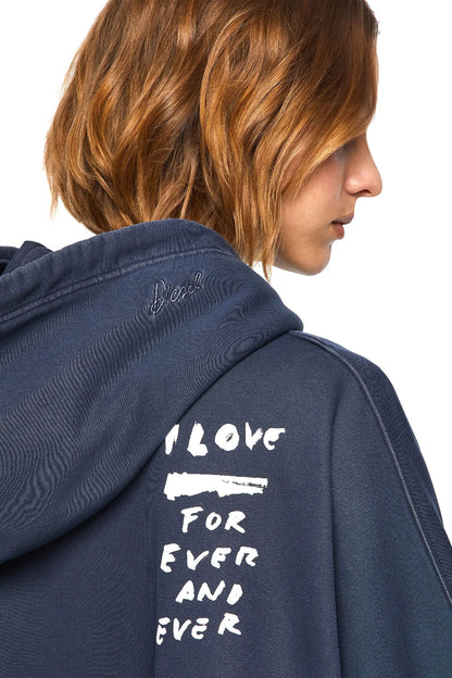 Navy hoodie with white graphic text print on sleeve