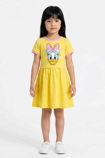 Yellow baby girls’ short-sleeve dress with pink trim and cartoon duck graphic
