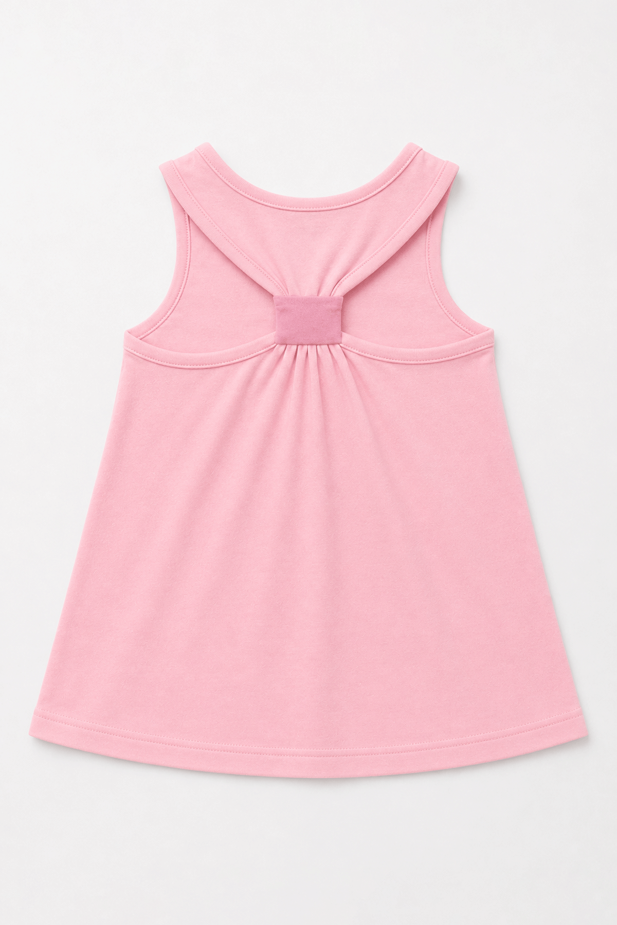 Pink sleeveless baby dress with crisscross back tie and gathered waist