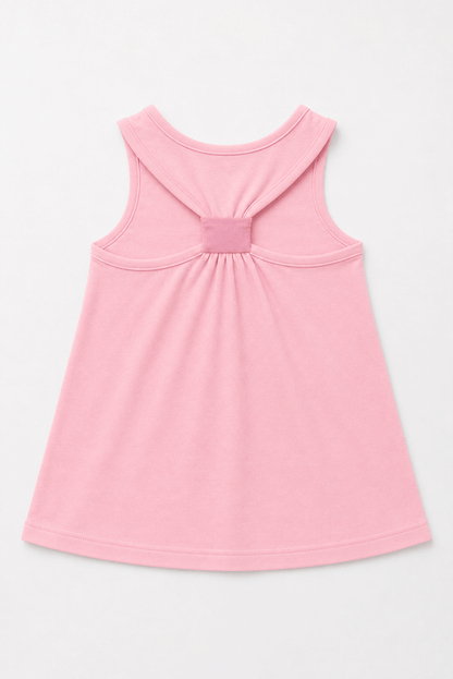 Pink sleeveless baby dress with crisscross back tie and gathered waist