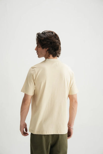 Beige short-sleeve crewneck T-shirt back view on male model