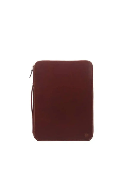 Brown leather zippered pouch case with drawstring pull and rounded corners