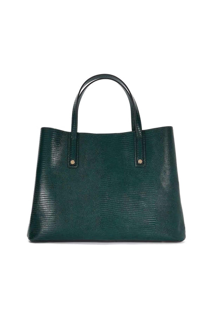 Dark green square tote bag with top handles and gold button details