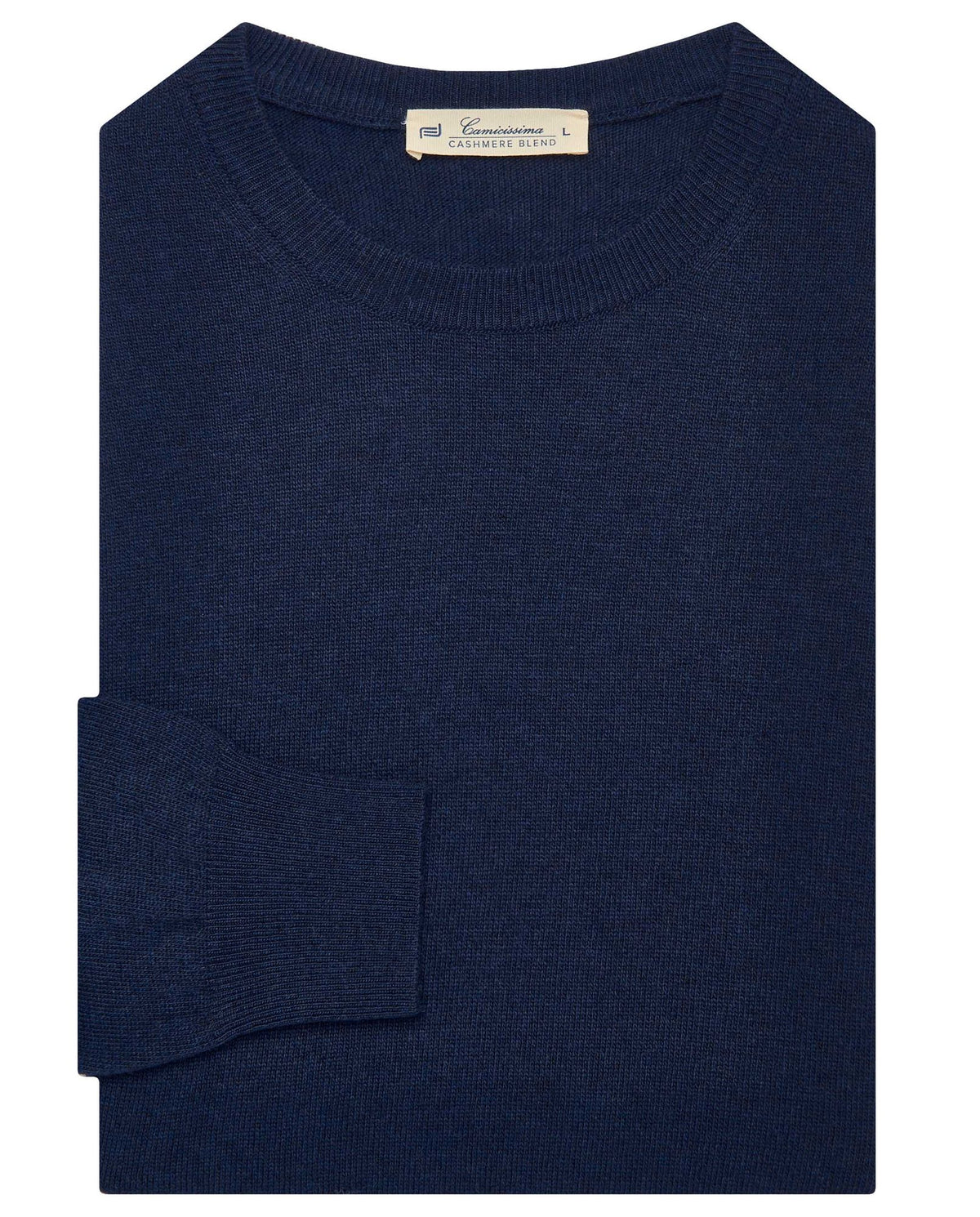 Dark blue crewneck sweater with ribbed collar and cuffs, long sleeves
