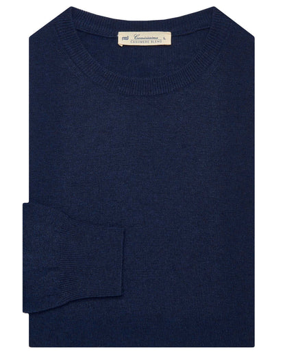 Dark blue crewneck sweater with ribbed collar and cuffs, long sleeves