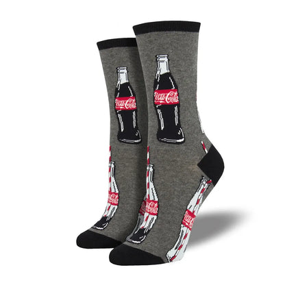 Charcoal crew socks with black toe and cuff, Coca-Cola bottle pattern