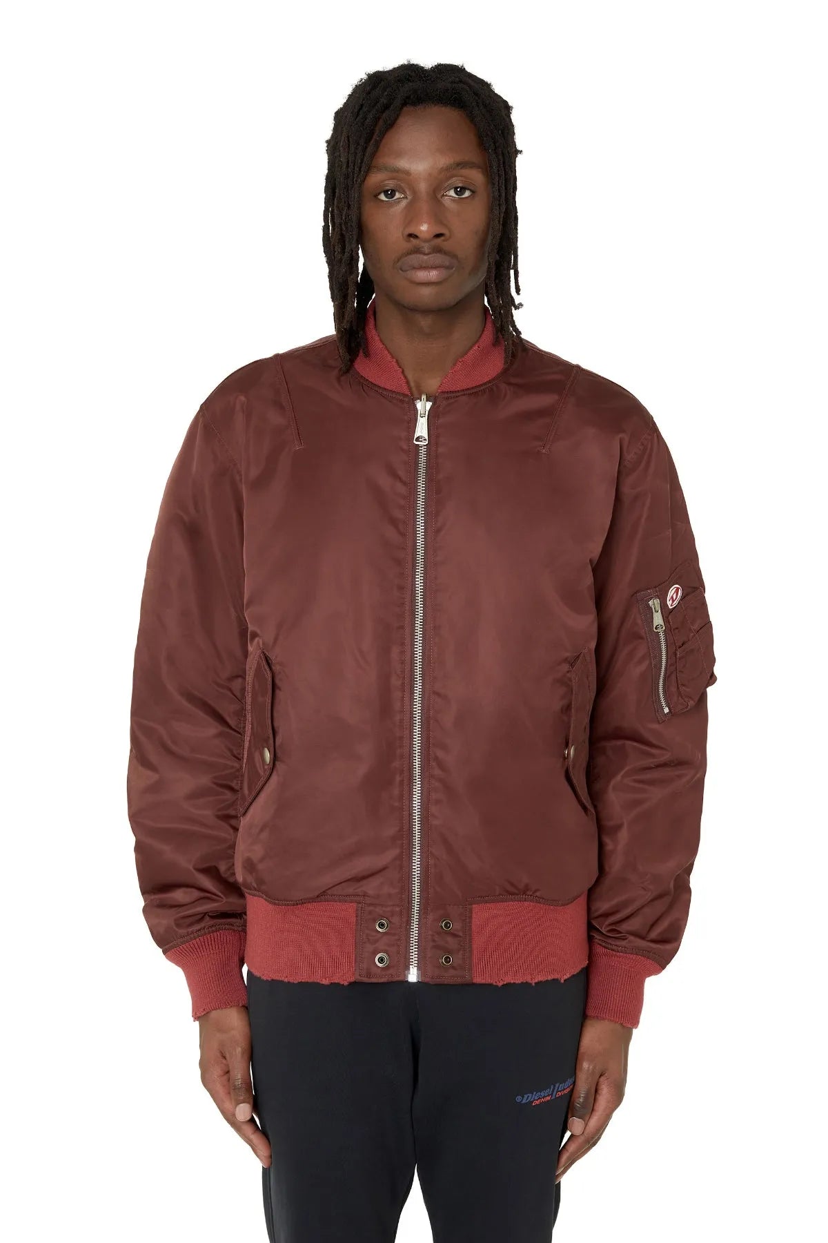 Brown satin bomber jacket with front zipper, ribbed cuffs, and side pockets