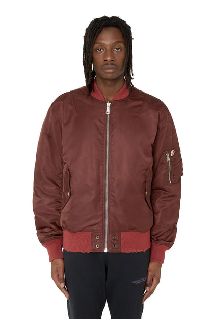 Brown satin bomber jacket with front zipper, ribbed cuffs, and side pockets