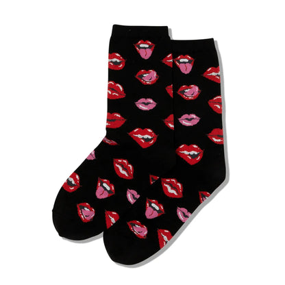 Black crew socks with scattered red and pink lip prints