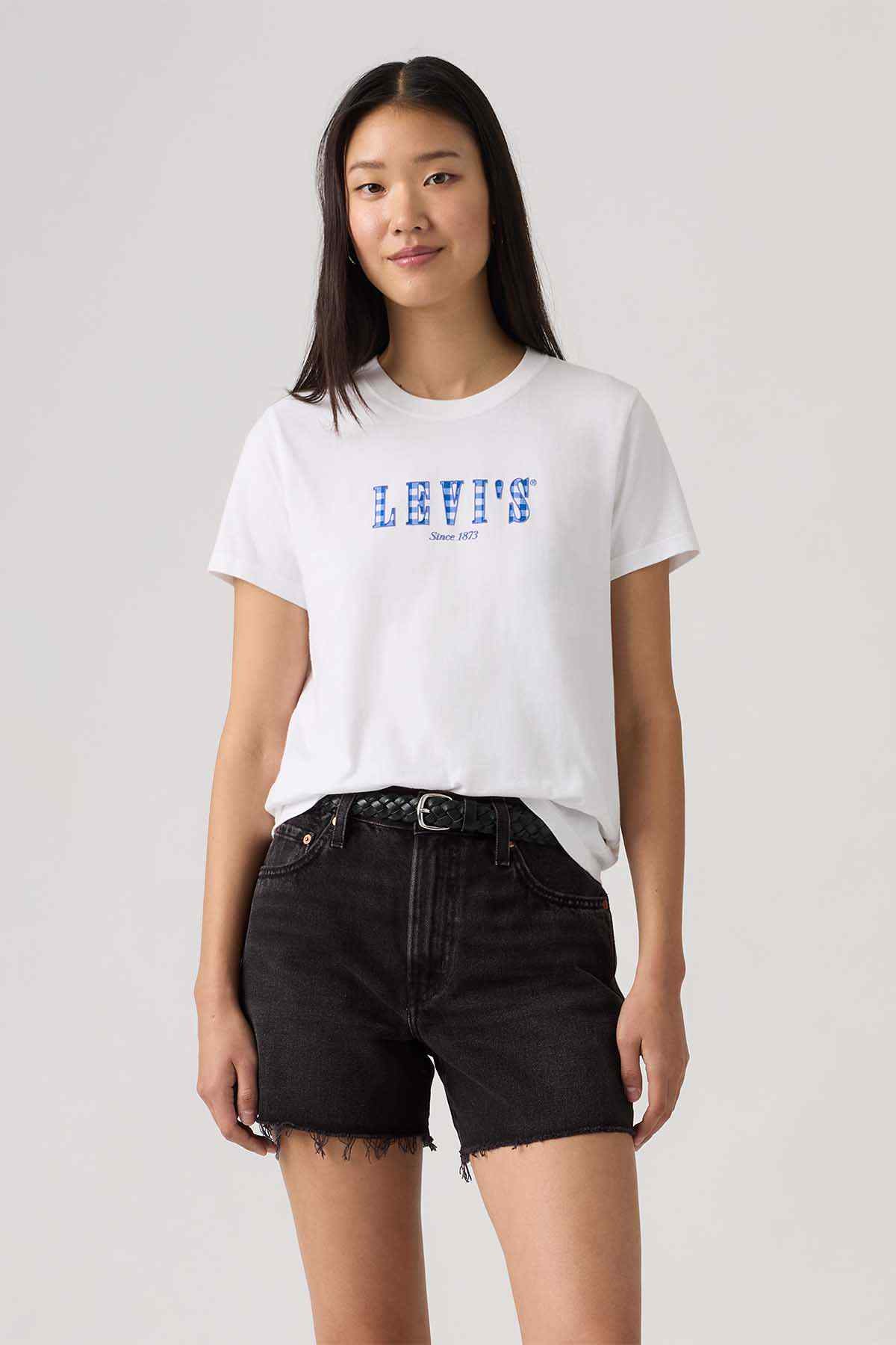 Levi's white crew-neck T-shirt with blue logo print and short sleeves