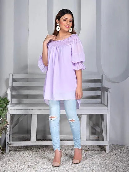 Lilac peasant blouse with ruffled collar and half-length puff sleeves