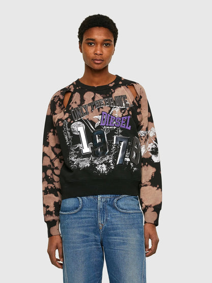 Diesel graphic crewneck sweatshirt with black-and-tan tie-dye sleeves and front print