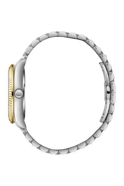 BHPC two-tone silver and gold watch case and bracelet, side profile with crown