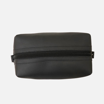 Black padded toiletry bag top view with zipper and stitched trim