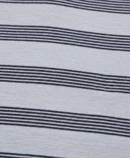 Fitted striped T-shirt knit, close-up gray and dark navy horizontal stripes