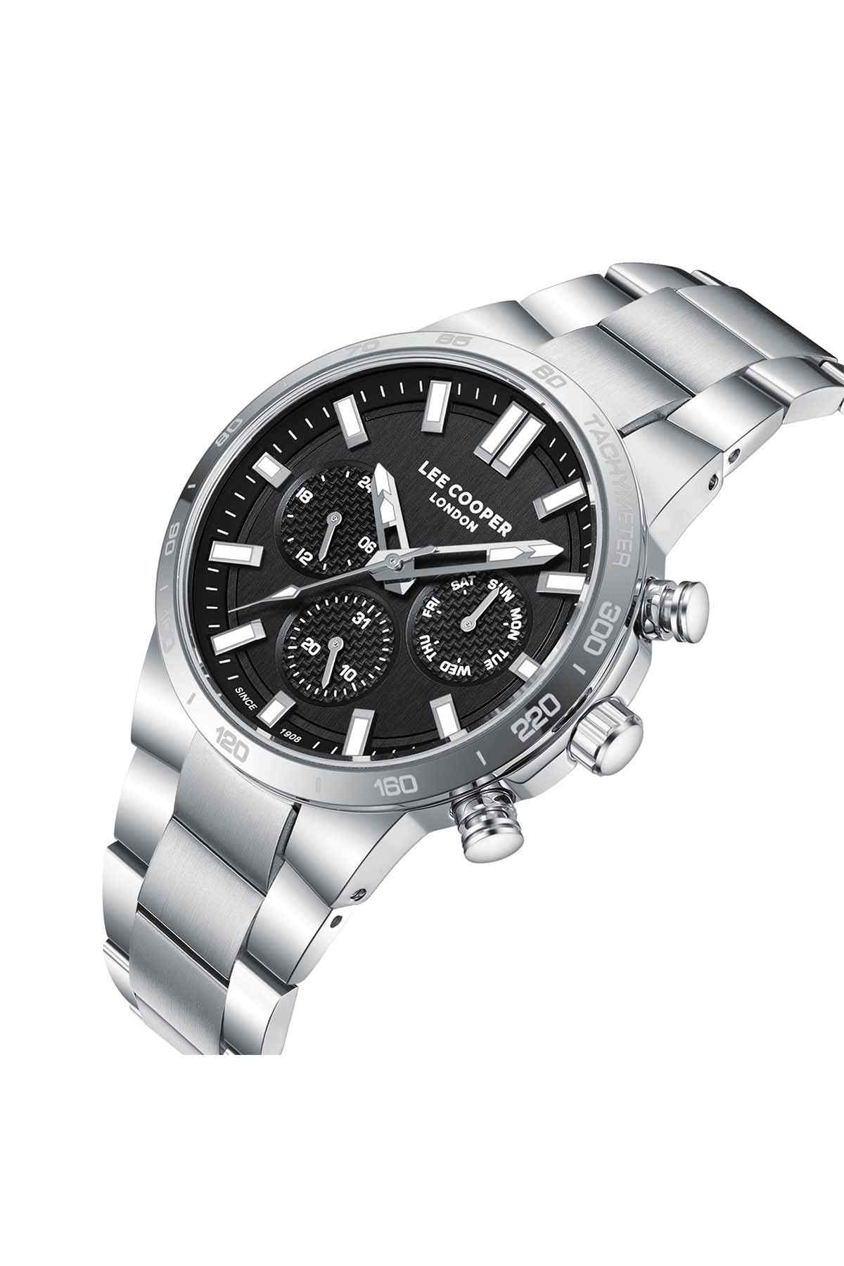 Stainless steel chronograph watch with black dial, subdials, and silver bracelet