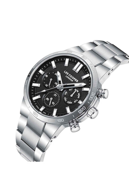 Stainless steel chronograph watch with black dial, subdials, and silver bracelet