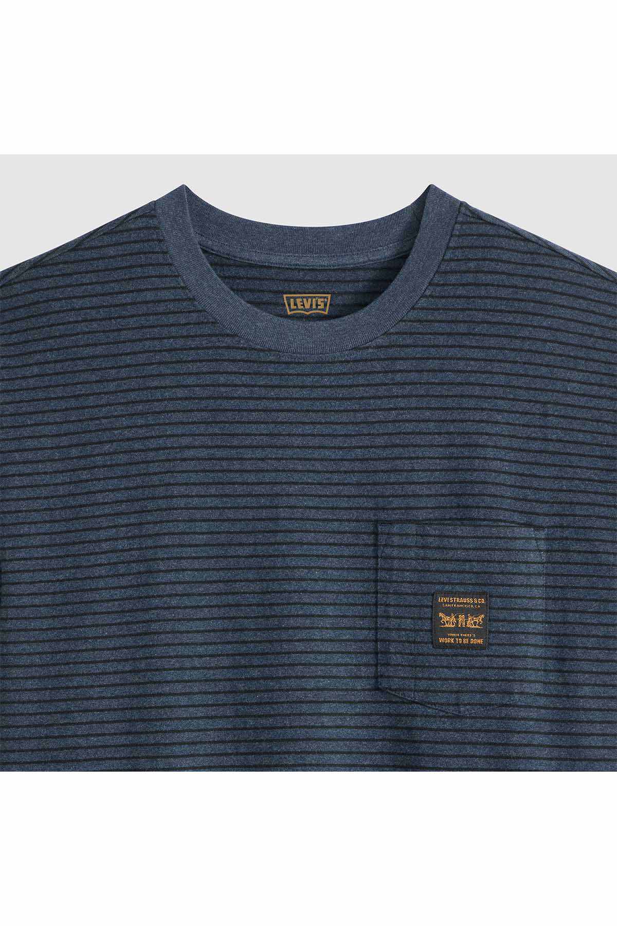 Navy blue striped T-shirt with crew neck and yellow chest logo patch