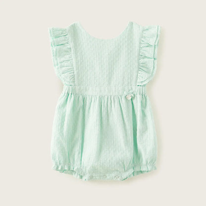 Mint green baby sleeveless dress with ruffled shoulders and gathered waist, button detail