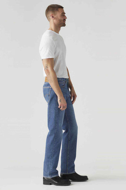 Men's medium indigo blue denim jeans, straight leg, five-pocket style