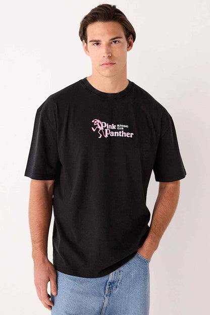 Black crew-neck T-shirt with Pink Panther running club graphic on chest