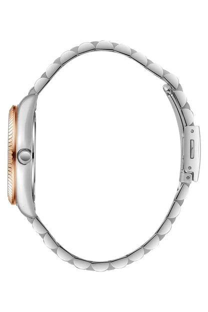 Silver and rose-gold metal wristwatch with round case and link bracelet, side view.