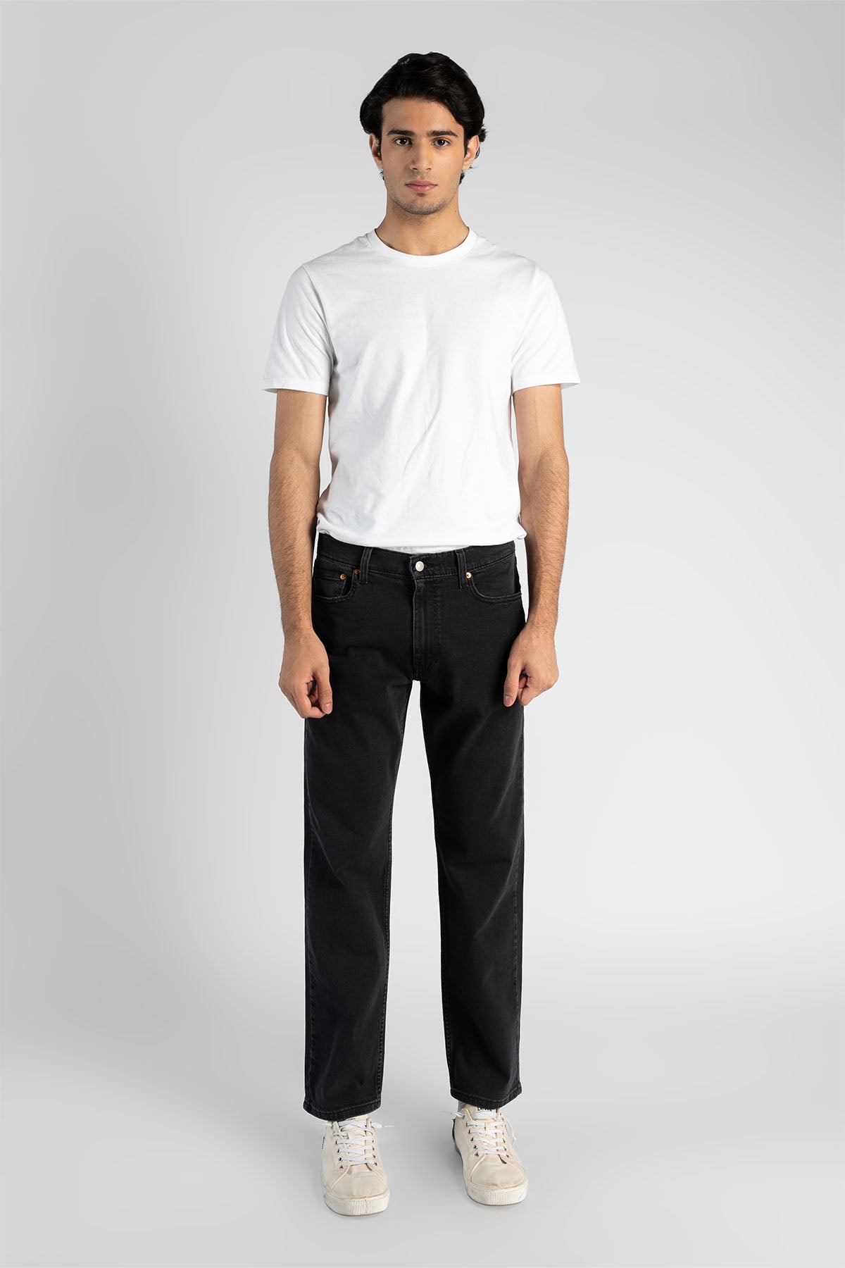 Levi's charcoal straight-leg jeans with button fly and stitched front pockets