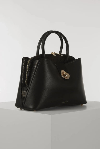 Black handbag with top handles, gold-tone turn-lock clasp, side mesh pocket