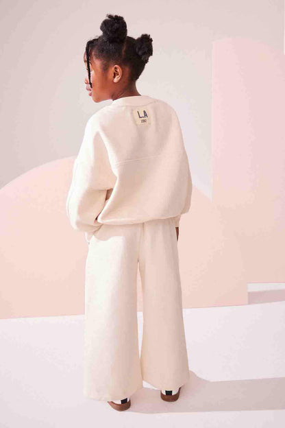 Ecru kids sweatshirt and jogger pants set, LA logo on back, elastic waist cuffs