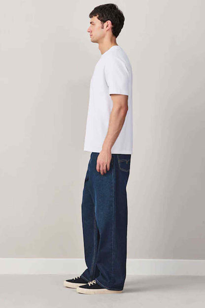 Dark blue straight-leg jeans with classic five-pocket design