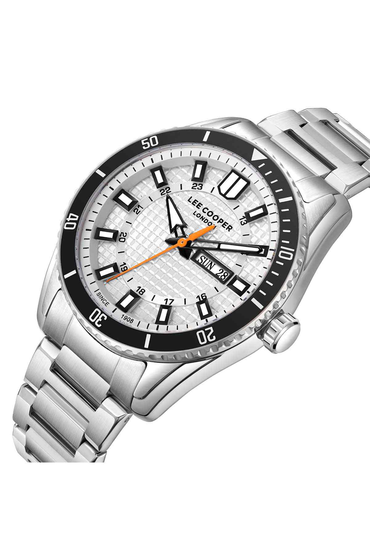 Lee Cooper stainless wristwatch, white dial with black bezel and orange second hand