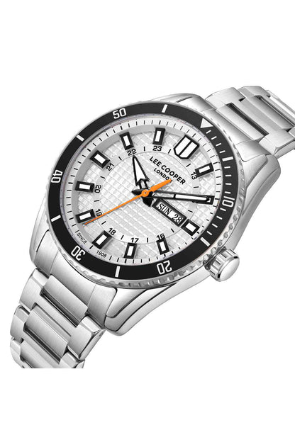 Lee Cooper stainless wristwatch, white dial with black bezel and orange second hand