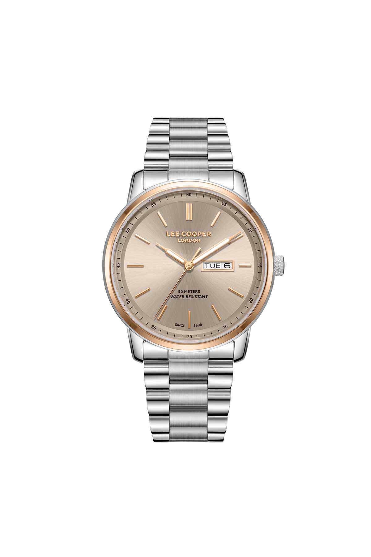 Silver metal wristwatch with round beige dial and day/date window