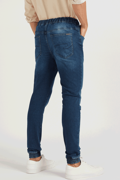 Blue denim jogger jeans with back yoke and patch back pocket