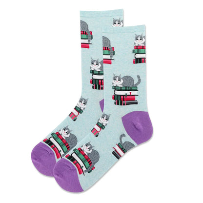 Cat and nutcracker print socks, light blue with purple toes and gray cats