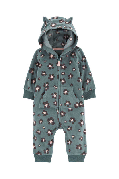 Carter's hooded zip-front jumpsuit in teal with all-over paw print