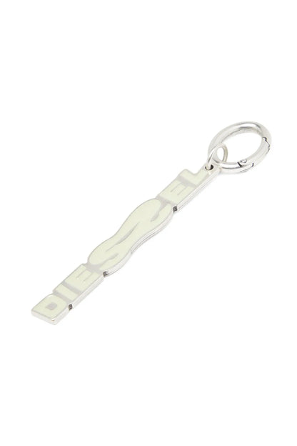 Diesel keychain charm with DIESEL text and pale green enamel on metal keyring