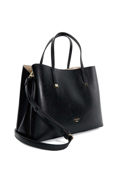 Black leather tote bag with top handles and adjustable crossbody strap