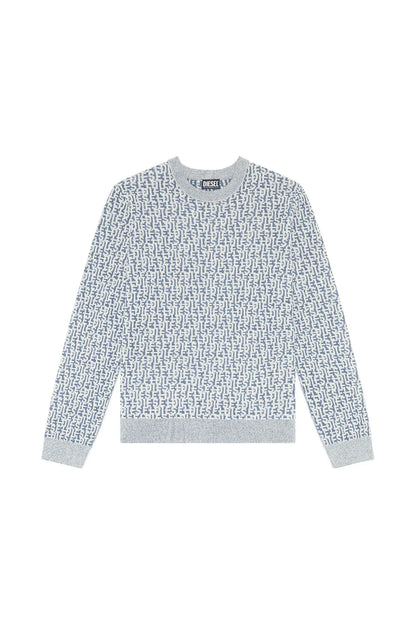 Diesel crewneck sweatshirt flat lay, blue-and-white logo knit with ribbed cuffs