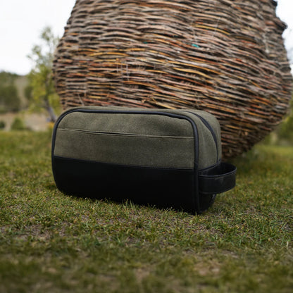 Olive and black toiletry bag with shoulder strap
