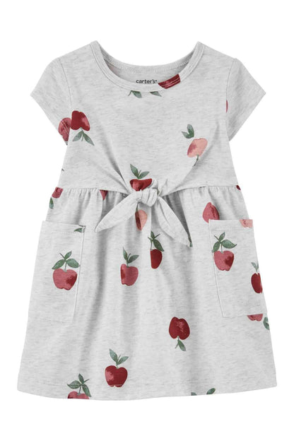 CARTER'S heather gray apple-print dress with short sleeves and front bow