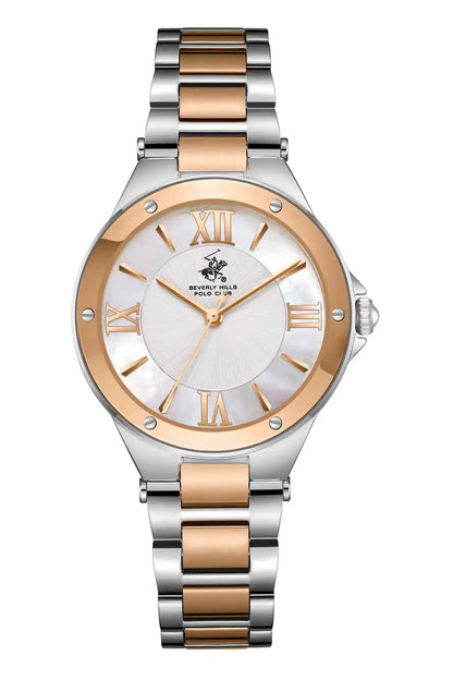 Rose gold and silver analog wristwatch with roman numeral dial and metal bracelet