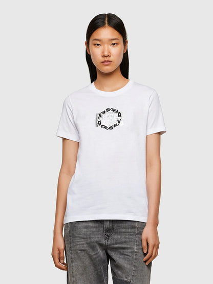 White crew-neck T-shirt with black chest graphic logo
