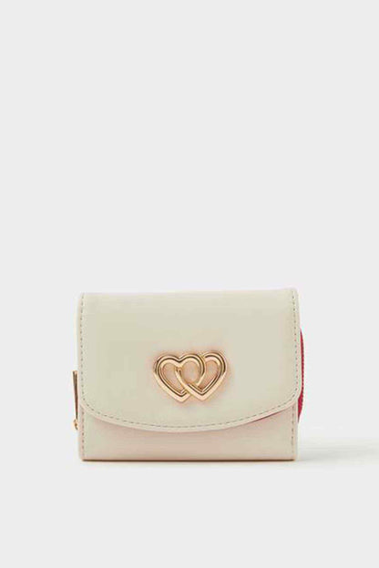 Cream heart-emblem flap zip wallet with compact foldover design