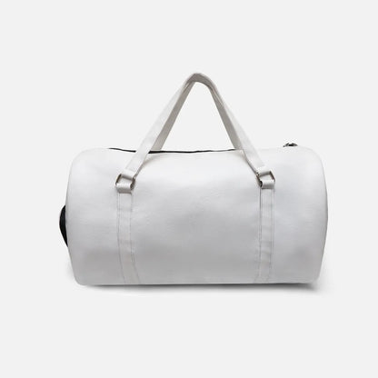White duffel bag with top handles and stitched panels